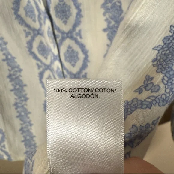 NWT Lucky Brand Boho Blue and White Floral Cotton Button Down Peasant Top Large - Picture 7 of 8
